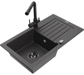 Mexen Pablo, granitový drez 752x436x161 mm, 1-komorový a čierna batéria Duero, čierna škvrnitá, 6510-76-671600-70-B