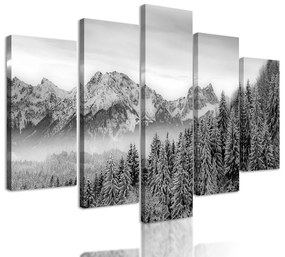 5-dielny obraz zamrznutý les v čiernobielom prevedení