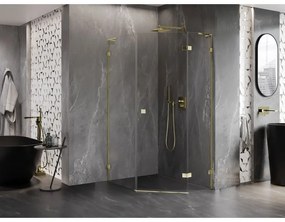 Mexen Lunar, L pravý výklopný päťuholníkový sprchový kút 90 x 100 cm, 8mm číre sklo, zlatý profil, 831L-090P-100L-50-00-P