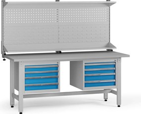 Výškovo nastaviteľný dielenský stôl G5 s nadstavbou, 1800 x 750 x 800-1000 mm, 2x kontajner, 8 zásuviek, modrá
