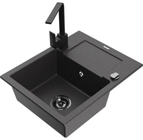 Mexen Enzo, granitový drez 576x465x174 mm, 1-komorový, čierna matná batéria Rita, čierna škvrnitá, 6506-76-670300-70-B