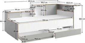 Jednolôžková posteľ s roštom a úložným priestorom Pinio 90x200 cm - biela / sivá
