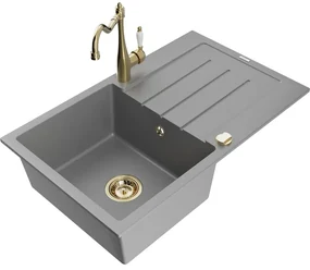 Mexen Bruno, granitový drez 795x495x200 mm, 1-komorový a drezová batéria Carla, šedá, 6513-71-670700-50