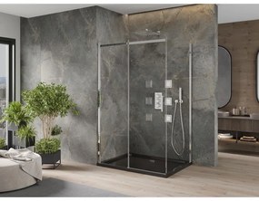 Mexen Omega, sprchový kút s posuvnými dverami 120 (dvere) x 90 (stena) cm, 8mm číre sklo, chrómový profil + slim sprchová vanička čierna + chrómový sifón, 825-120-090-01-00-4070