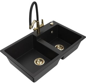 Mexen Tomas, 2-komorový granitový drez 800x500x190 mm a kuchynská batéria Duo, čierna, 6516-77-671701-57-G