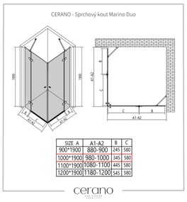 Cerano Marino Duo, sprchovací kút 100(dvere) x 100(dvere), 6mm číre sklo, čierny profil, CER-CER-422928