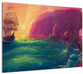 Sklenený obraz - Olejomaľba, Plavba do fantastickej ríše (70x50 cm)