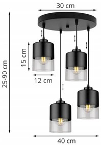 Závesné svietidlo Roma, 4x čierne/transparentné sklenené tienidlo, o