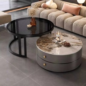 LuxuryForm DESIGN Konferenčný stolík ORION 70 × 70 / 50 × 50 cm – sivý / béžový mramor + sklo (set 2 ks)