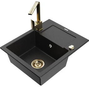 Mexen Enzo, granitový drez 576x465x174 mm, 1-komorový a zlatá batéria Rita, čierna-strieborná metalíza, 6506-73-670300-50