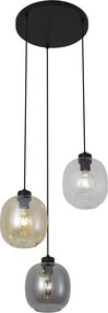 Závesná lampa čierna s jantárovým, dymovým a čírym sklom 3-Lights - Elena