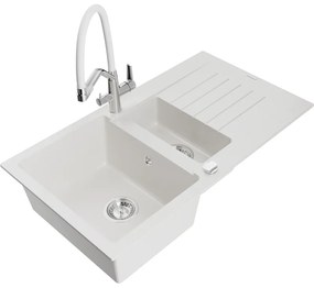 Mexen Matias, 1,5-komorový granitový drez 900x505x200 mm a drezová batéria Duo, biela, 6502-20-671701-02
