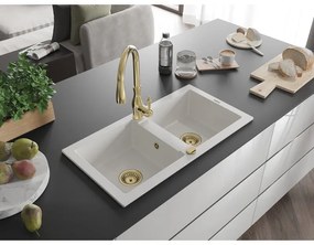 Mexen Mario, 2-komorový granitový drez 820x436x161 mm a drezová batéria Savita, biela, 6504-20-672601-50