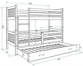 Poschodová posteľ s prístelkou CARINO 3 - 190x80cm - Borovica - Biela