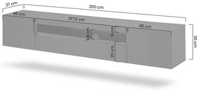 Závesná TV skrinka Loftia 200 cm dvojdverová s výklenkom - artisan / čierny mat