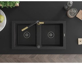Mexen Mario, 2-komorový granitový drez 820x436x161 mm a drezová batéria Flora, čierna-strieborná metalíza, 6504-73-670401-57-B