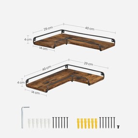 Plávajúce poličky, sada 2 ks, rohové poličky, rustikálna hnedá a čierna farba