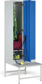 Šatníková skrinka S1 s lavičkou, 2 oddiely, 1875 x 600 x 500/800 mm, cylindrický zámok, červené dvere