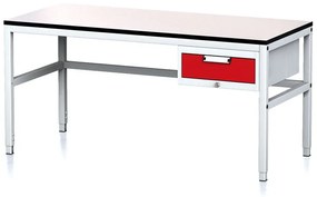 Nastaviteľný dielenský stôl MECHANIC II, 1 zásuvkový box na náradie, 1600x700x745-985 mm, sivá/červená