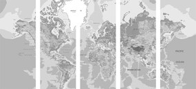 5-dielny obraz geografická mapa sveta v čiernobielom prevedení