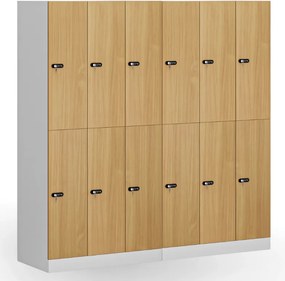Šatníková skrinka S1 s úložnými boxmi, 6 boxov, 1850 x 900 x 500 mm, mechanický kódový zámok, laminované dvere, orech