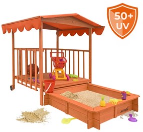 Pieskovisko s verandou HAPPY, 130x130x143cm, hnedá/oranžová Jurhan