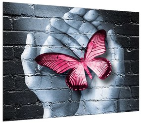 Moderný obraz dlaní s motýľom (70x50 cm)