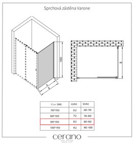 Cerano Varone, sprchovací kút s posuvnými dverami 110 (dvere) x 90 (stena) x 195 cm, 6mm šedé sklo, čierny profil, CER-CER-429616