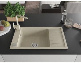 Mexen Elias, granitový drez granitový 795x480x200 mm, 1-komorový, béžová s chrómovým sifónom a béžová drezová batéria Rita, 6511-69-670300-69