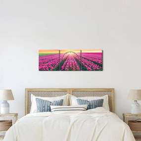 Obraz poľa tulipánov so slnkom (s hodinami) (90x30 cm)