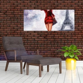 Obraz - Žena a Eiffelova veža (120x50 cm)
