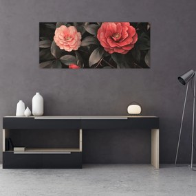 Obraz - Červené kvety na tmavom pozadí (120x50 cm)