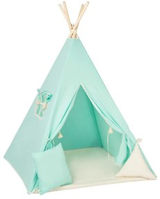 lovel.sk Detský teepee stan Mint so strapcami + podložka, dekoračné vankúšiky