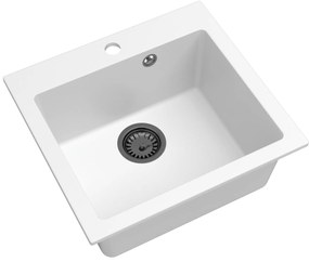 Sink Quality Ferrum 50, kuchynský granitový drez 490x450x195 mm + čierny sifón, biela, SKQ-FER.W.1K50.XB
