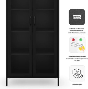 Sklenená vitrína ANGELO do obývačky – kovová, čierna, 800 x 1850 x 450 mm