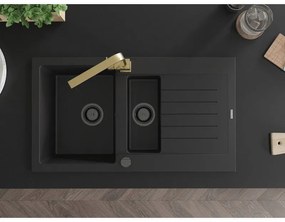 Mexen Matias, granitový drez 900x505x200 mm, 1,5-komorový a zlatá batéria Rita, čierna, 6502-77-670300-50-B