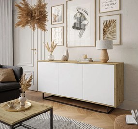 KOMODA ALWIN BIELA DUB ARTISAN BEZUCHYTKOVÁ + ČIERNY PODSTAVEC 153 cm