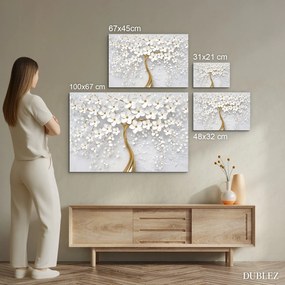 DUBLEZ | Drevený obraz - Zlatý strom s bielymi kvetmi