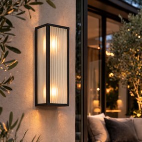 Vonkajšia nástenná lampa čierna s rebrovaným sklom 2-svetlá IP44 - Charlois