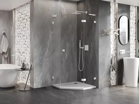 Mexen Lunar, L pravý výklopný päťuholníkový sprchový kút 80 x 80 cm, 8mm číre sklo, biely profil, 831L-080P-080L-20-00-P