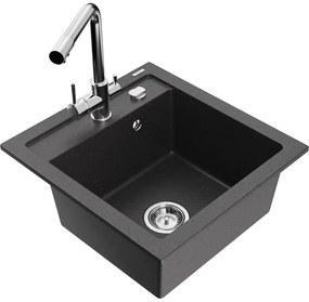 Mexen Vito, 1-komorový granitový drez 520x490x210 mm, chrómová batéria Duero, čierna škvrnitá, 6503-76-671600-00