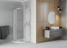 Mexen Rio, štvrťkruhový sprchovací kút s posuvnými dverami 80 x 80 cm, 6mm sklo námraza, chrómový profil + biela sprchová vanička, 863-080-080-01-30-4110