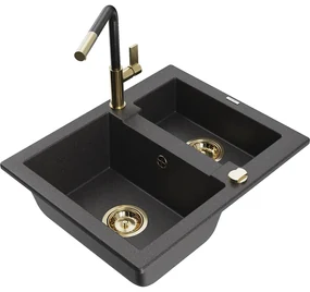 Mexen Carlos, 1,5-komorový granitový drez 582x475x177 mm a drezová batéria Flora, čierna škvrnitá, 6518-76-670401-75-G