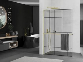 Mexen Kioto+ L, sprchová zástena Walk-In s poličkou a vešiakom 70 x 200 cm, 8mm číre sklo čierny vzor, zlatý matný profil, 800-070-123-55-78