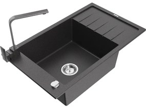 Mexen Elias, granitový drez granitový 795x480x200 mm, 1-komorový, čierna škvrnitá s chrómovým sifónom a čierna škvrtnitá drezová batéria Rita, 6511-76-670300-76