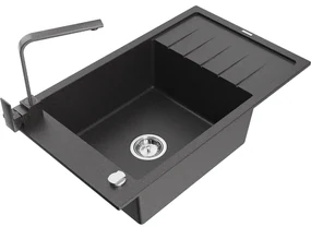 Mexen Elias, granitový drez granitový 795x480x200 mm, 1-komorový, čierna škvrnitá s chrómovým sifónom a čierna škvrtnitá drezová batéria Rita, 6511-76-670300-76