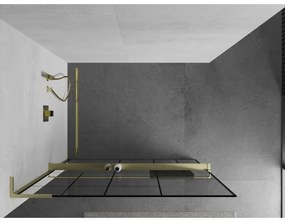Mexen Kioto+ L, sprchová zástena Walk-In s poličkou a vešiakom 120 x 200 cm, 8mm číre sklo čierny vzor, zlatý matný profil, 800-120-123-55-78