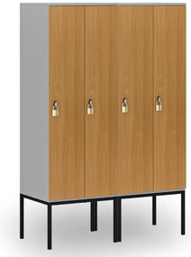 Drevená šatníková skrinka S4 s podnožou, 2 oddiely, 1871 x 600 x 500 mm, demont, otočný zámok, sivá / modrá
