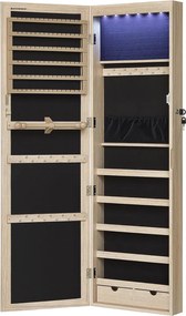 Závesná skrinka na šperky, Nástenné zrkadlo, s LED žiarovkami, dub