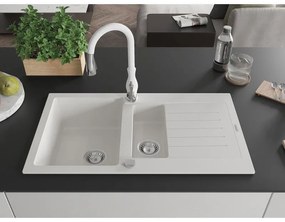 Mexen Matias, 1,5-komorový granitový drez 900x505x200 mm a drezová batéria Savita, biela, 6502-20-672601-20